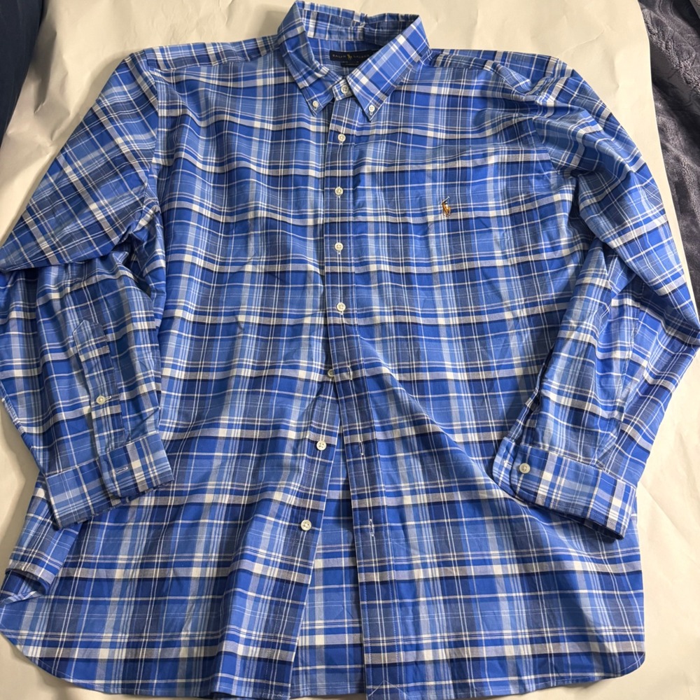 Polo Ralph Lauren Button Down Mens 3XB Blue Plaid Preppy Casual Flesh Pony Logo - Picture 1 of 7
